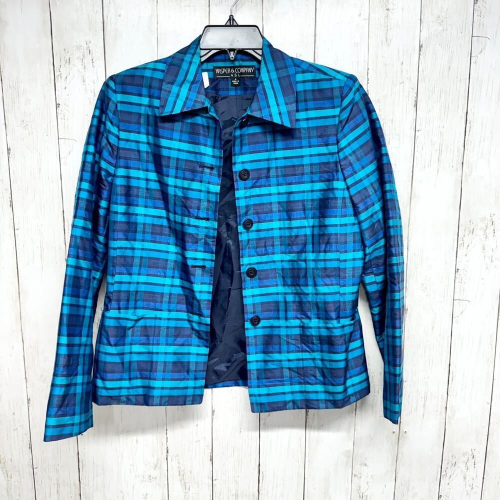 Vintage Kasper & Co Jacket Plaid Blue Button Down Collared 90s Light Weight Silk